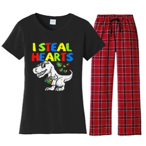 I Steal Hearts Trex Dinosaur Autism Awareness Women's Flannel Pajama Set