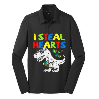 I Steal Hearts Trex Dinosaur Autism Awareness Silk Touch Performance Long Sleeve Polo