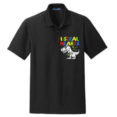 I Steal Hearts Trex Dinosaur Autism Awareness Dry Zone Grid Polo