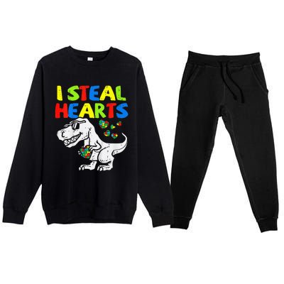 I Steal Hearts Trex Dinosaur Autism Awareness Premium Crewneck Sweatsuit Set