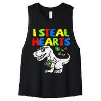 I Steal Hearts Trex Dinosaur Autism Awareness Women's Racerback Cropped Tank