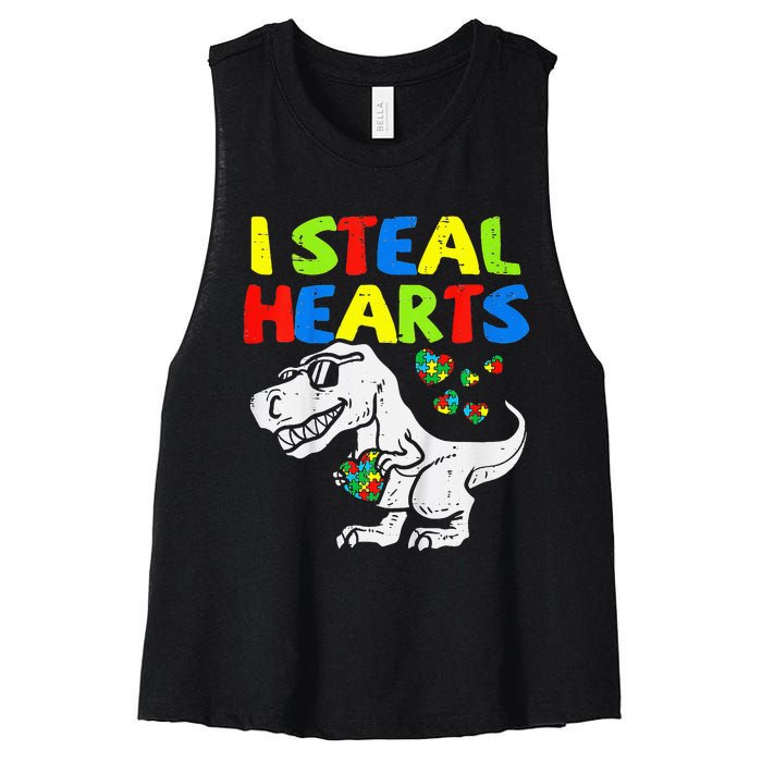 I Steal Hearts Trex Dinosaur Autism Awareness Women's Racerback Cropped Tank