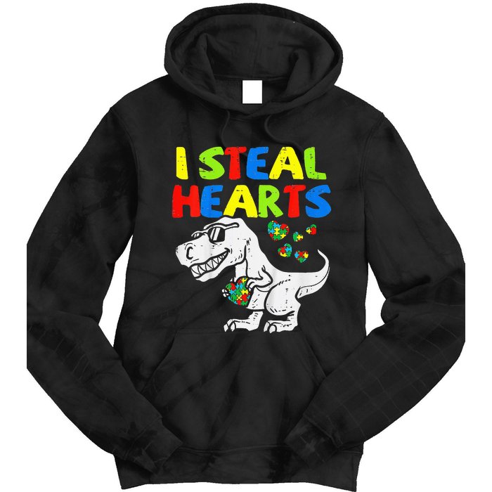 I Steal Hearts Trex Dinosaur Autism Awareness Tie Dye Hoodie