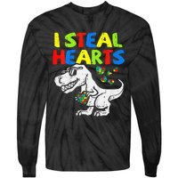 I Steal Hearts Trex Dinosaur Autism Awareness Tie-Dye Long Sleeve Shirt