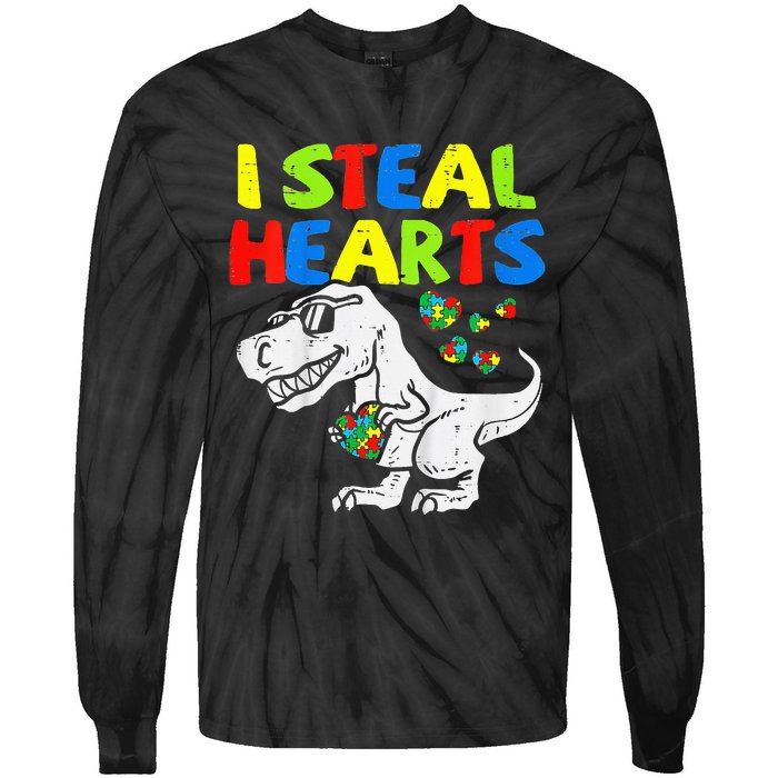 I Steal Hearts Trex Dinosaur Autism Awareness Tie-Dye Long Sleeve Shirt