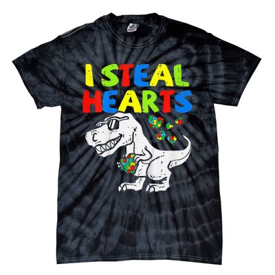 I Steal Hearts Trex Dinosaur Autism Awareness Tie-Dye T-Shirt