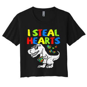 I Steal Hearts Trex Dinosaur Autism Awareness Women's Crop Top Tee