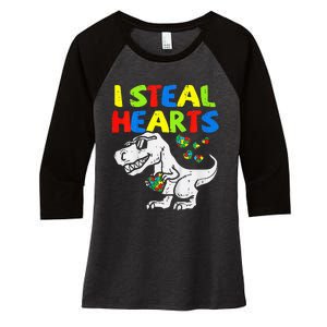 I Steal Hearts Trex Dinosaur Autism Awareness Women's Tri-Blend 3/4-Sleeve Raglan Shirt