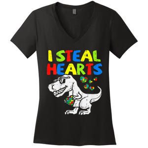 I Steal Hearts Trex Dinosaur Autism Awareness Women's V-Neck T-Shirt