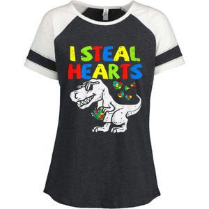 I Steal Hearts Trex Dinosaur Autism Awareness Enza Ladies Jersey Colorblock Tee