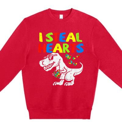 I Steal Hearts Trex Dinosaur Autism Awareness Premium Crewneck Sweatshirt