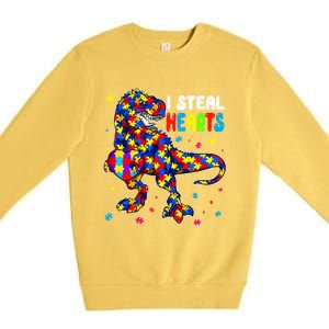 I Steal Hearts Trex Dinosaur Autism Awareness Cute Gift Premium Crewneck Sweatshirt