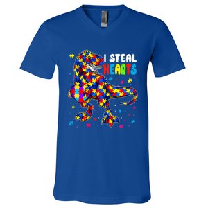 I Steal Hearts Trex Dinosaur Autism Awareness Cute Gift V-Neck T-Shirt