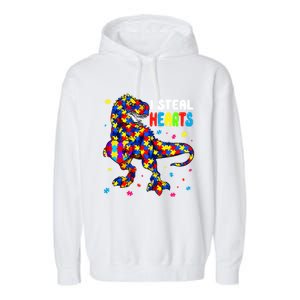 I Steal Hearts Trex Dinosaur Autism Awareness Cute Gift Garment-Dyed Fleece Hoodie