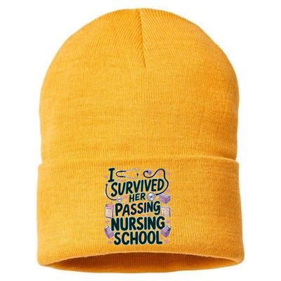 I Survived Her Passing Nursing School Funny Graduation Nurse Sustainable Knit Beanie