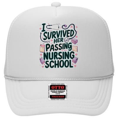 I Survived Her Passing Nursing School Funny Graduation Nurse High Crown Mesh Back Trucker Hat