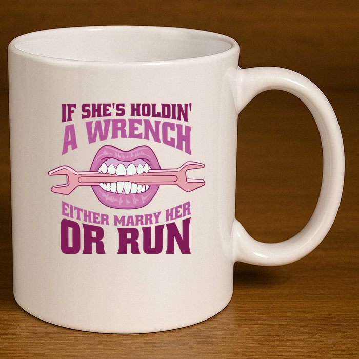 If She's Holding A Wrench Either Marry Her Or Run 11oz C Handle Ceramic Mug