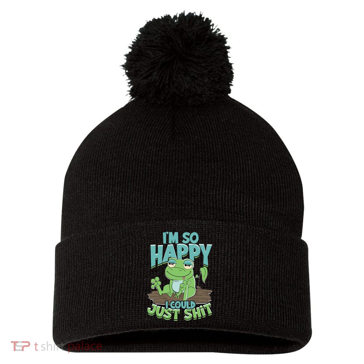 I'm So Happy I Could Just Shit Funny Frog Pom Pom 12in Knit Beanie