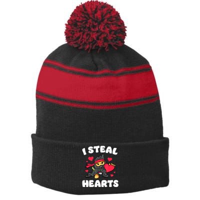 I Steal Hearts Ninja Valentines Day Stripe Pom Pom Beanie