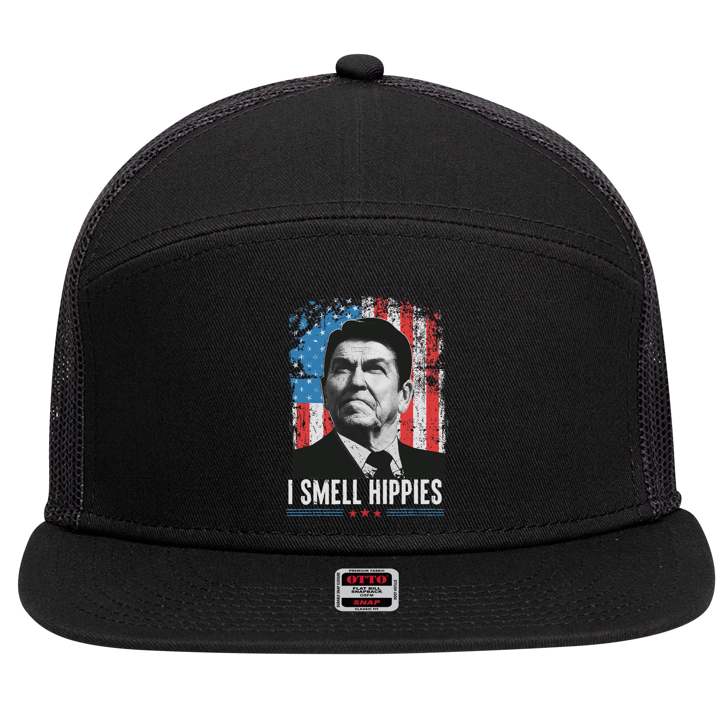 I Smell Hippies Retro American Flag Patriotic 4th Of July 7 Panel Mesh Trucker Snapback Hat