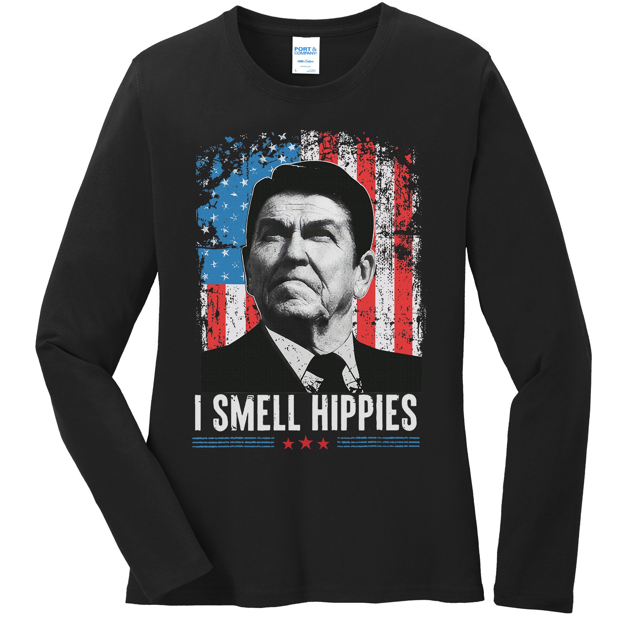 I Smell Hippies Retro American Flag Patriotic 4th Of July Ladies Long Sleeve Shirt