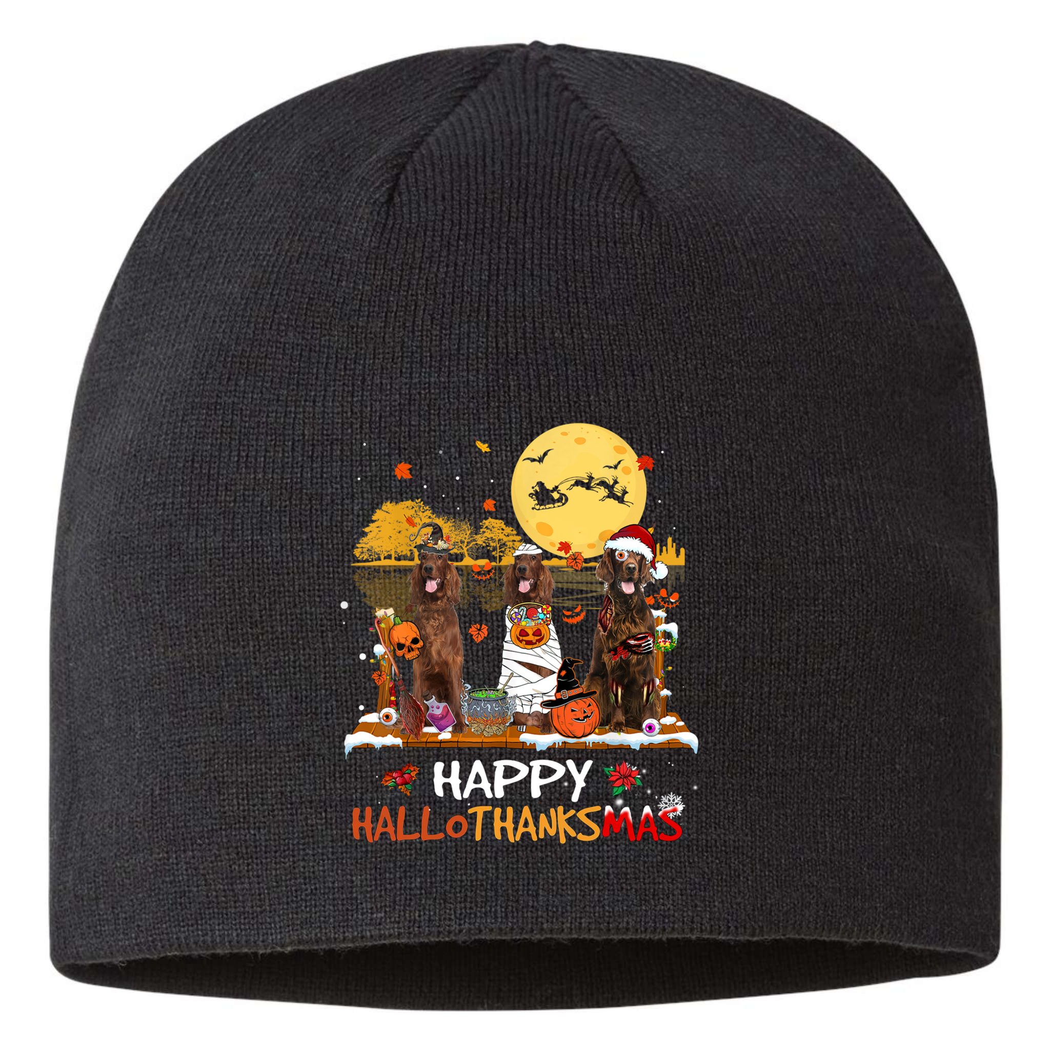 Irish Setter Happy Hallothanksmas Halloween Thanksgiving Sustainable Beanie