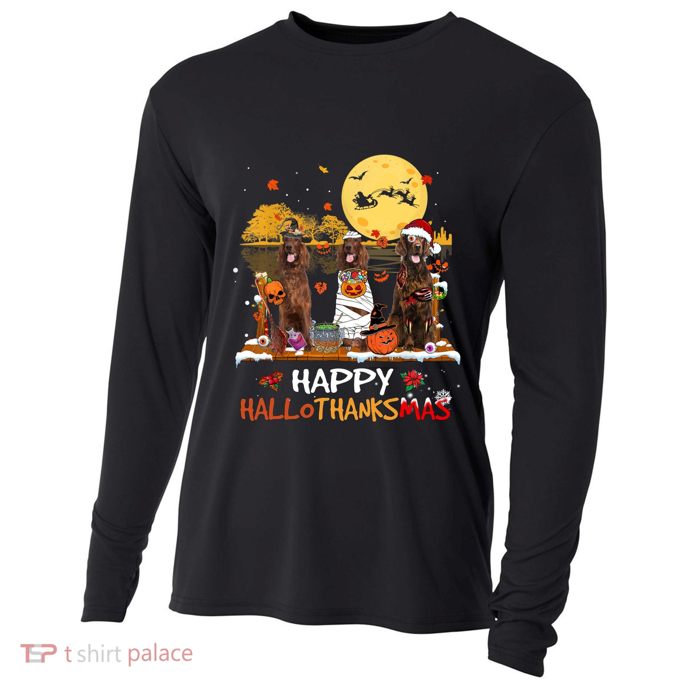 Irish Setter Happy Hallothanksmas Halloween Thanksgiving Cooling Performance Long Sleeve Crew