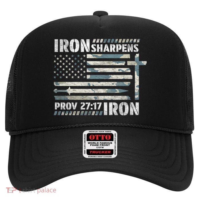 Iron Sharpens Iron Proverbs Bible Verse Christian High Crown Mesh Back Trucker Hat