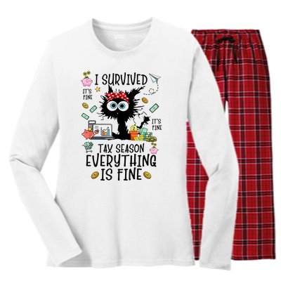 I Survived It’S Fine I’M Fine Tax Season Everything Is Fine Funny Black Cat Women's Long Sleeve Flannel Pajama Set 