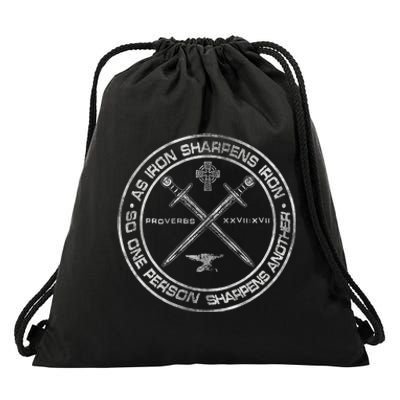 Iron Sharpens Iron Proverbs 2717 Christian Quote Drawstring Bag