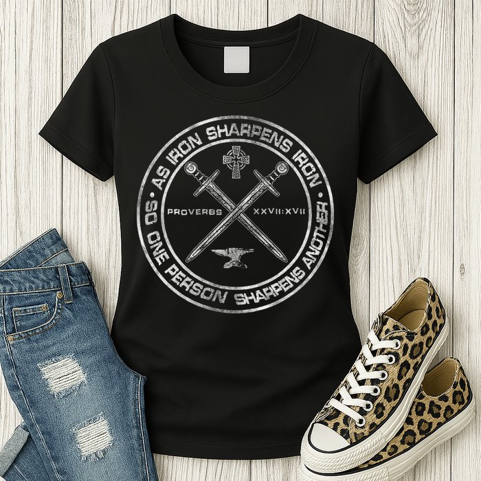 Iron Sharpens Iron Proverbs 2717 Christian Quote Womens T-Shirt