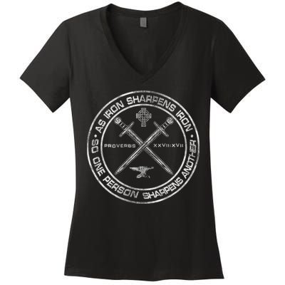 Iron Sharpens Iron Proverbs 2717 Christian Quote Women's V-Neck T-Shirt