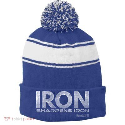Iron Sharpens Iron Funny Gift Stripe Pom Pom Beanie