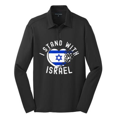 I Support Israel I Stand With Israel Heart Israeli Flag Silk Touch Performance Long Sleeve Polo