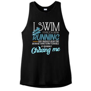 I Swim If You Ever See Me Running Funny Swimmer Great Gift Ladies PosiCharge Tri-Blend Wicking Tank