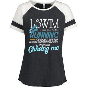 I Swim If You Ever See Me Running Funny Swimmer Great Gift Enza Ladies Jersey Colorblock Tee