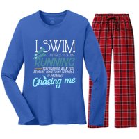 I Swim If You Ever See Me Running Funny Swimmer Great Gift Women's Long Sleeve Flannel Pajama Set 