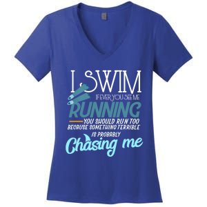 I Swim If You Ever See Me Running Funny Swimmer Great Gift Women's V-Neck T-Shirt