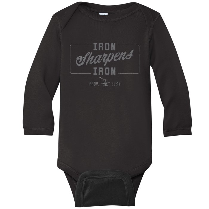 Iron Sharpens Iron Christian Bible Scripture Gym Workout Baby Long Sleeve Bodysuit