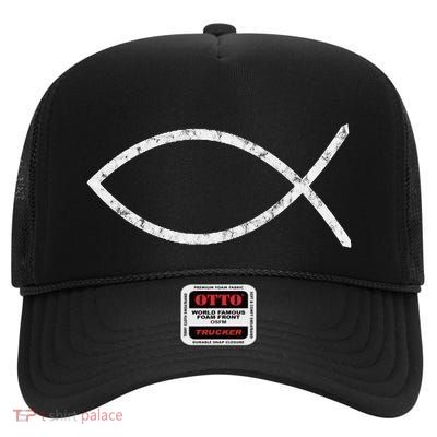 Ichthys Sign Jesus Fish Christ Christian Faith Symbol High Crown Mesh Back Trucker Hat