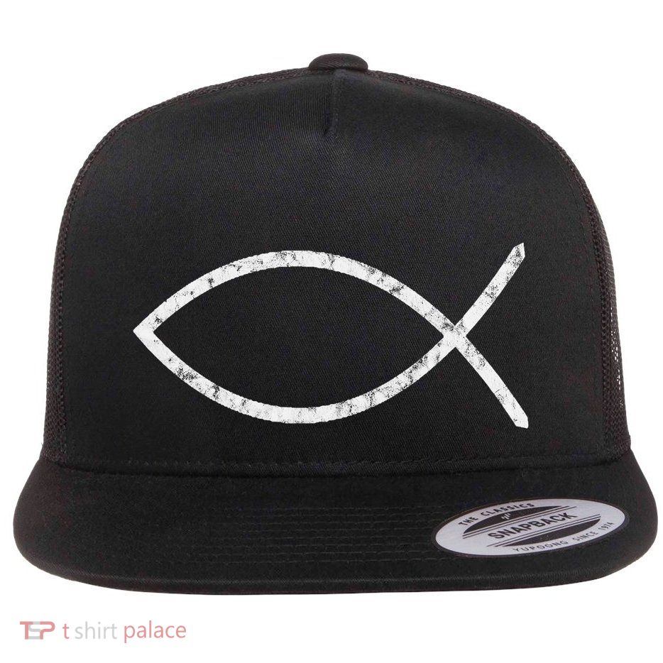 Ichthys Sign Jesus Fish Christ Christian Faith Symbol Flat Bill Trucker Hat