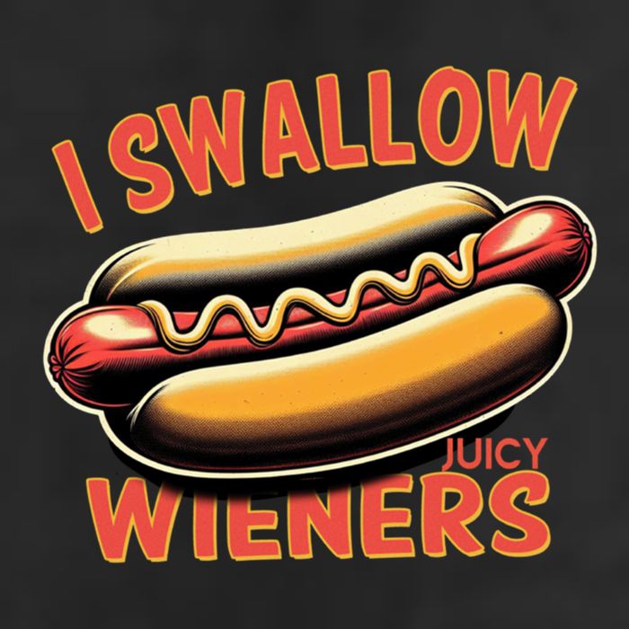 I Swallow Juicy Wieners Funny Joke Hot Dog Pun Gift 7 Panel Mesh Trucker Snapback Hat
