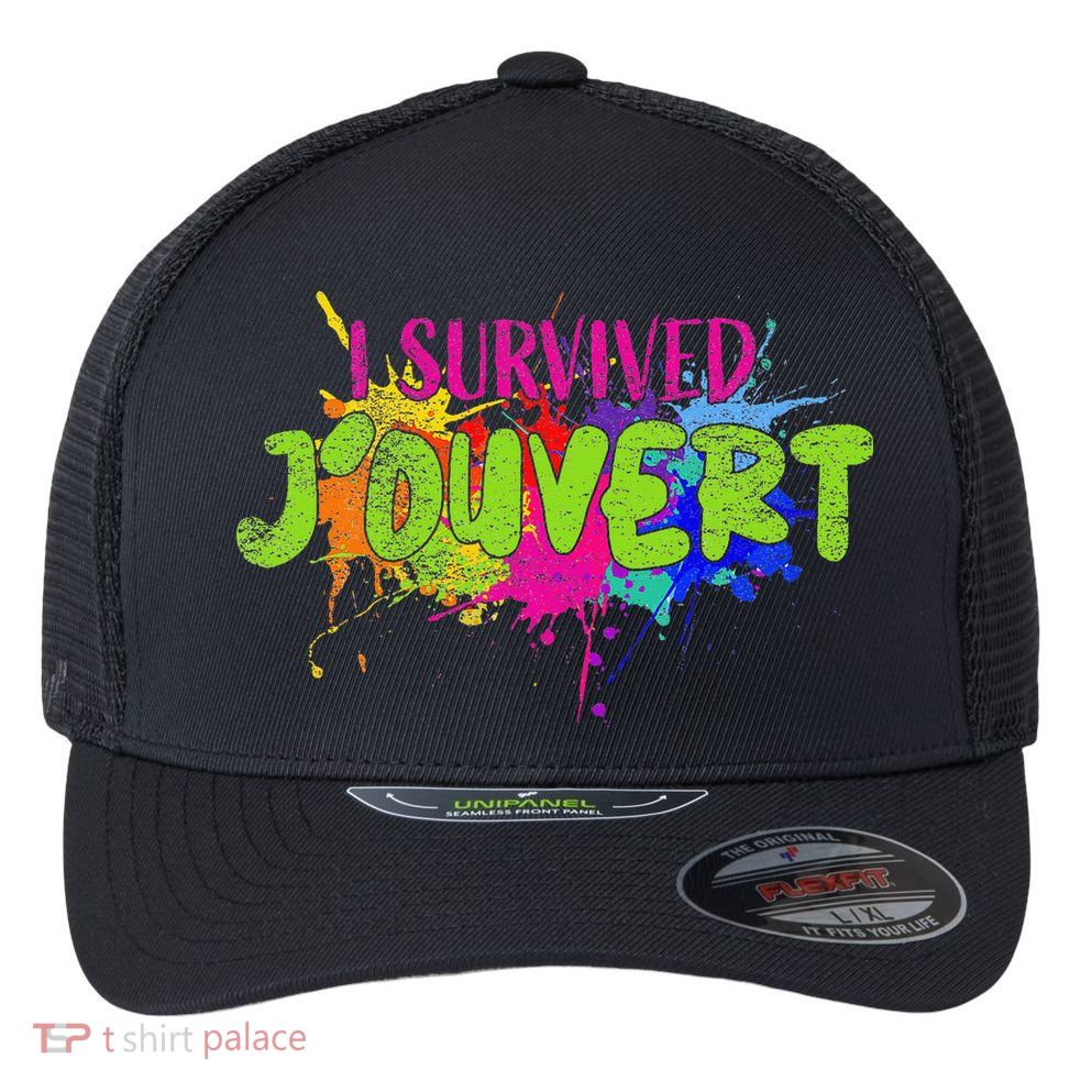 I Survived Jouvert - Caribbean Carnival Paint Splatter Flexfit Unipanel Trucker Cap