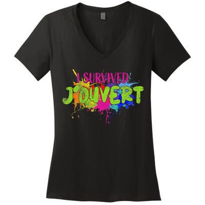 I Survived Jouvert - Caribbean Carnival Paint Splatter Women's V-Neck T-Shirt