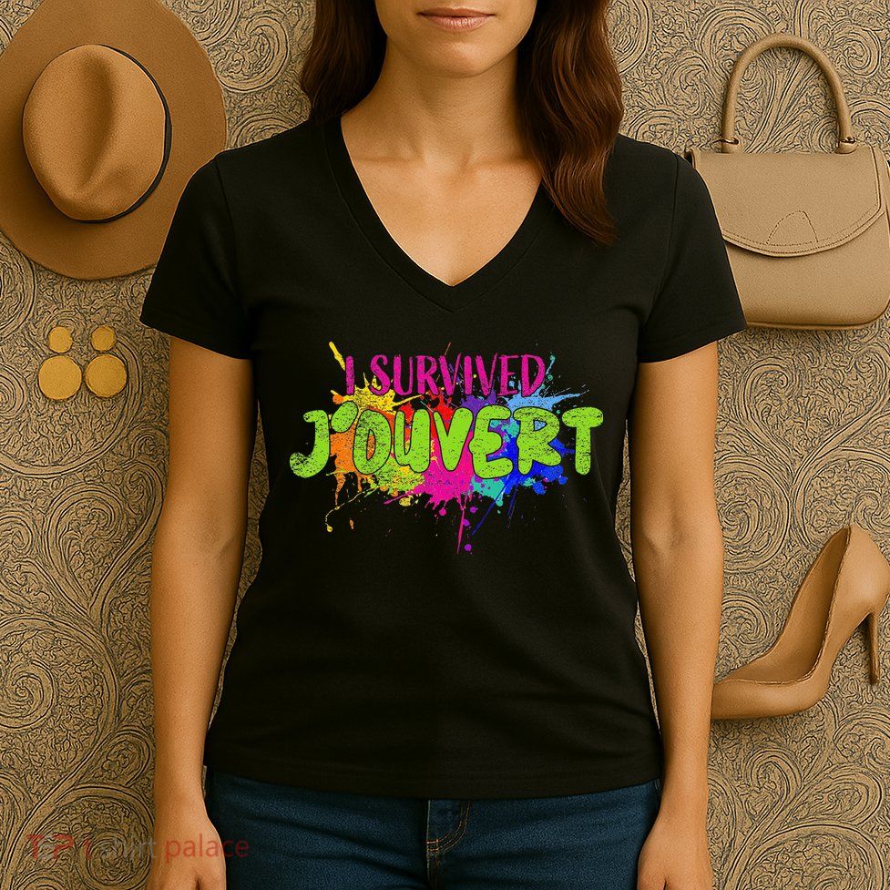 I Survived Jouvert - Caribbean Carnival Paint Splatter Women's V-Neck T-Shirt