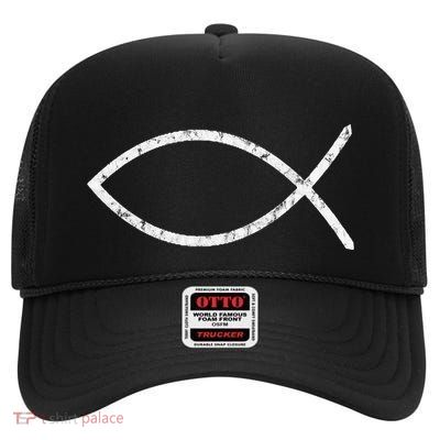 Ichthys Sign Jesus Fish Christ Christian Faith Symbol High Crown Mesh Back Trucker Hat
