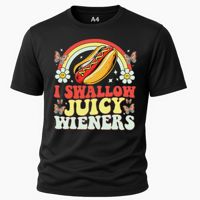 I Swallow Juicy Wiener Funny Inappropriate Cooling Performance Crew T-Shirt