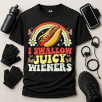 I Swallow Juicy Wiener Funny Inappropriate Cooling Performance Crew T-Shirt