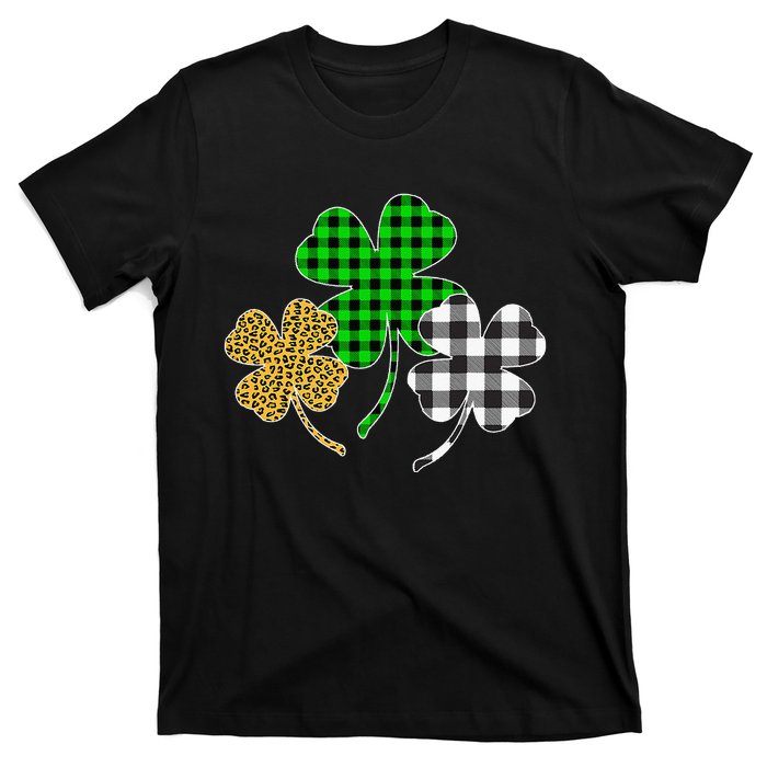 Irish Shamrocks Leopard Buffalo Plaid St Patrick's Day T-Shirt