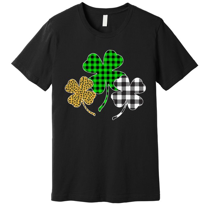 Irish Shamrocks Leopard Buffalo Plaid St Patrick's Day Premium T-Shirt